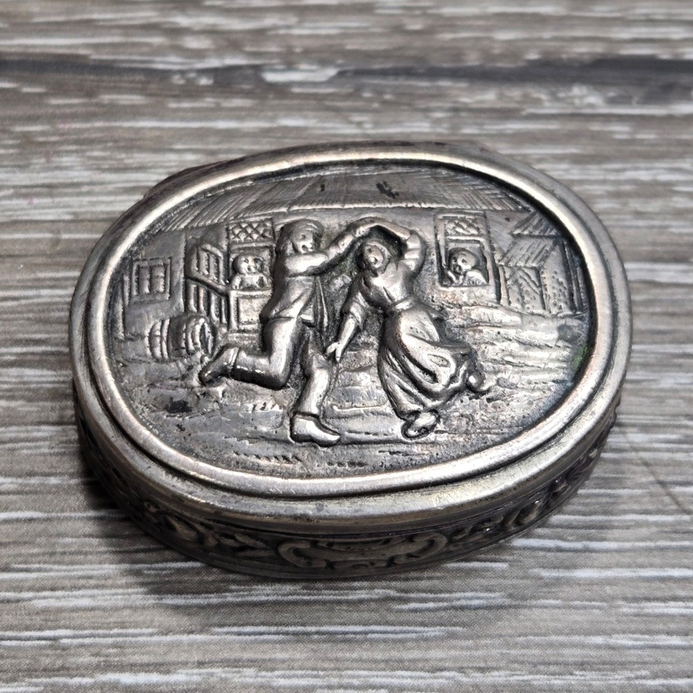 Antique German 800 Silver Oval Box Snuff Box Dancing Couple Relief Repousse